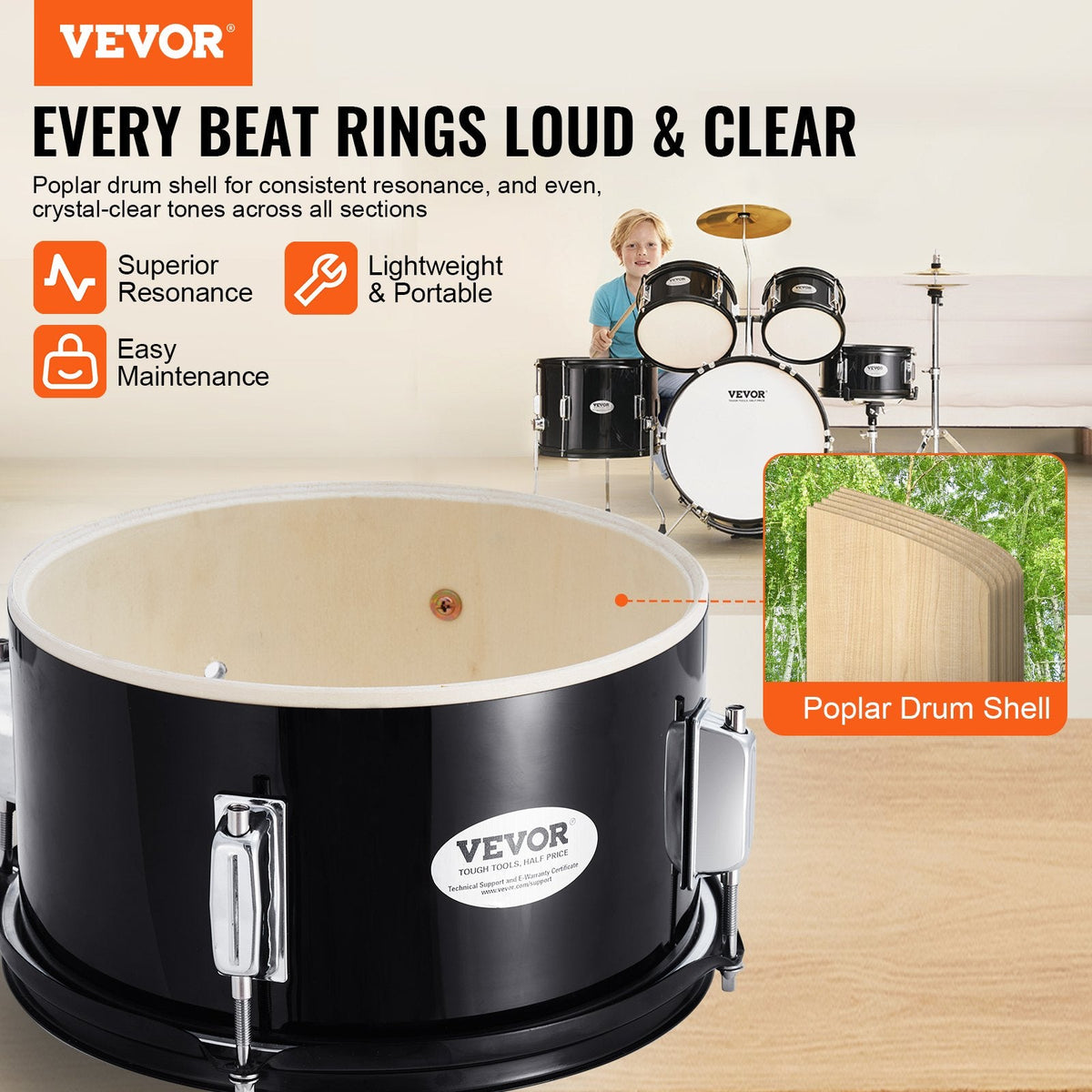 VEVOR Kids Drum Set, 5-Piece, 16 in Beginner Full Drum Set with Bass