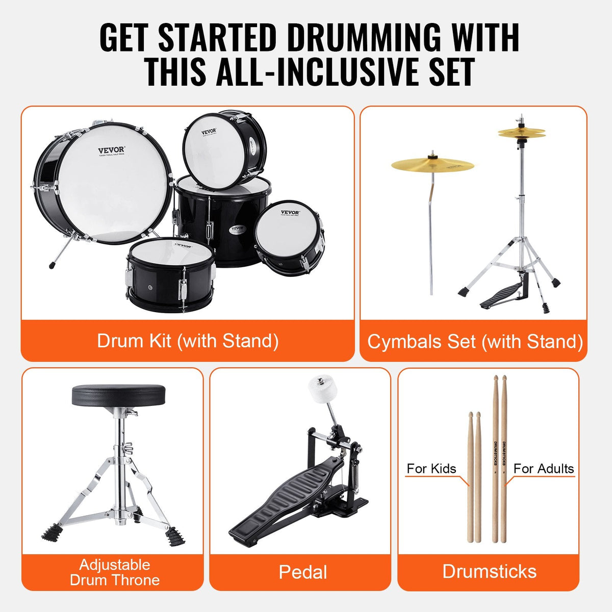 VEVOR Kids Drum Set, 5-Piece, 16 in Beginner Full Drum Set with Bass