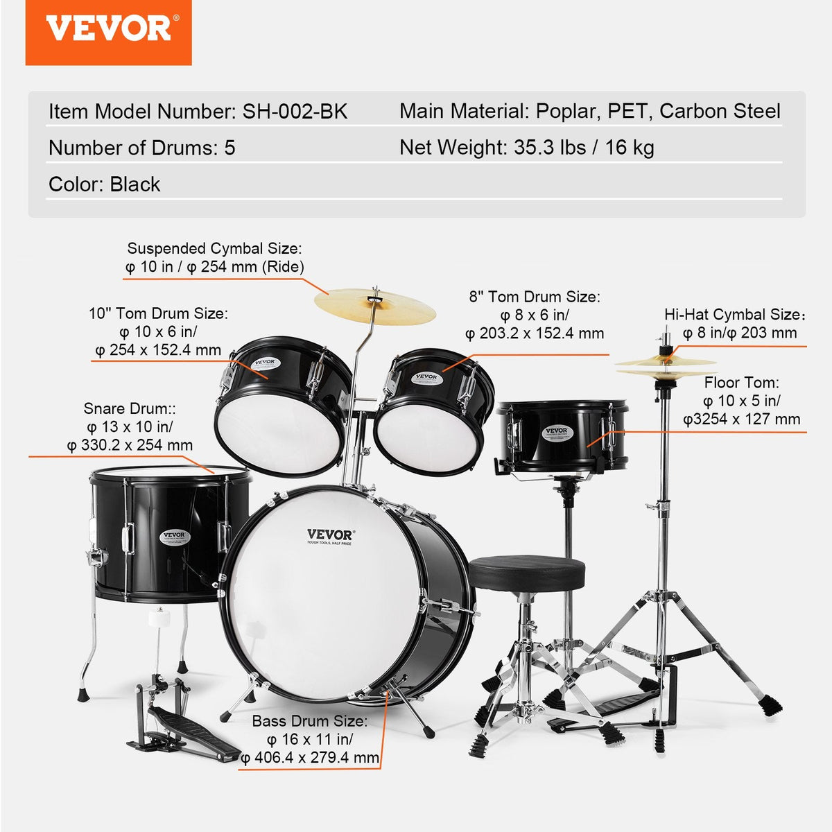 VEVOR Kids Drum Set, 5-Piece, 16 in Beginner Full Drum Set with Bass