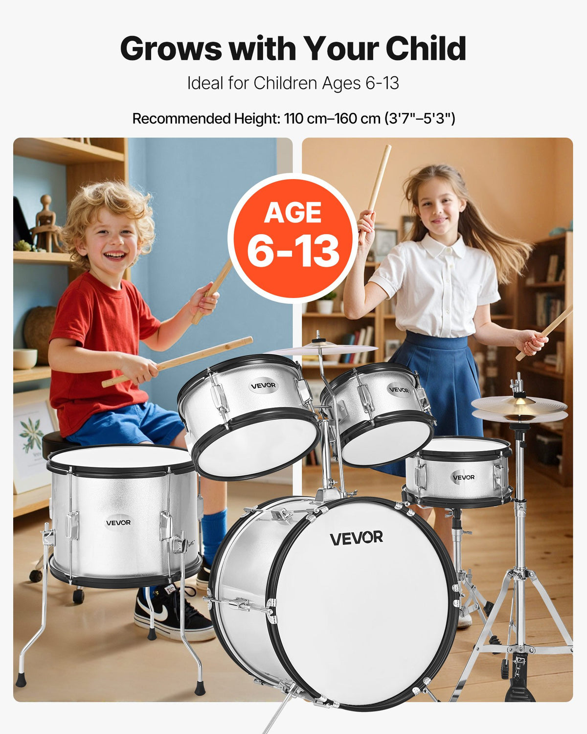 Kids Drum Set, 5-Piece 16 in / 406.4 mm Junior Drum Sets, Beginner
