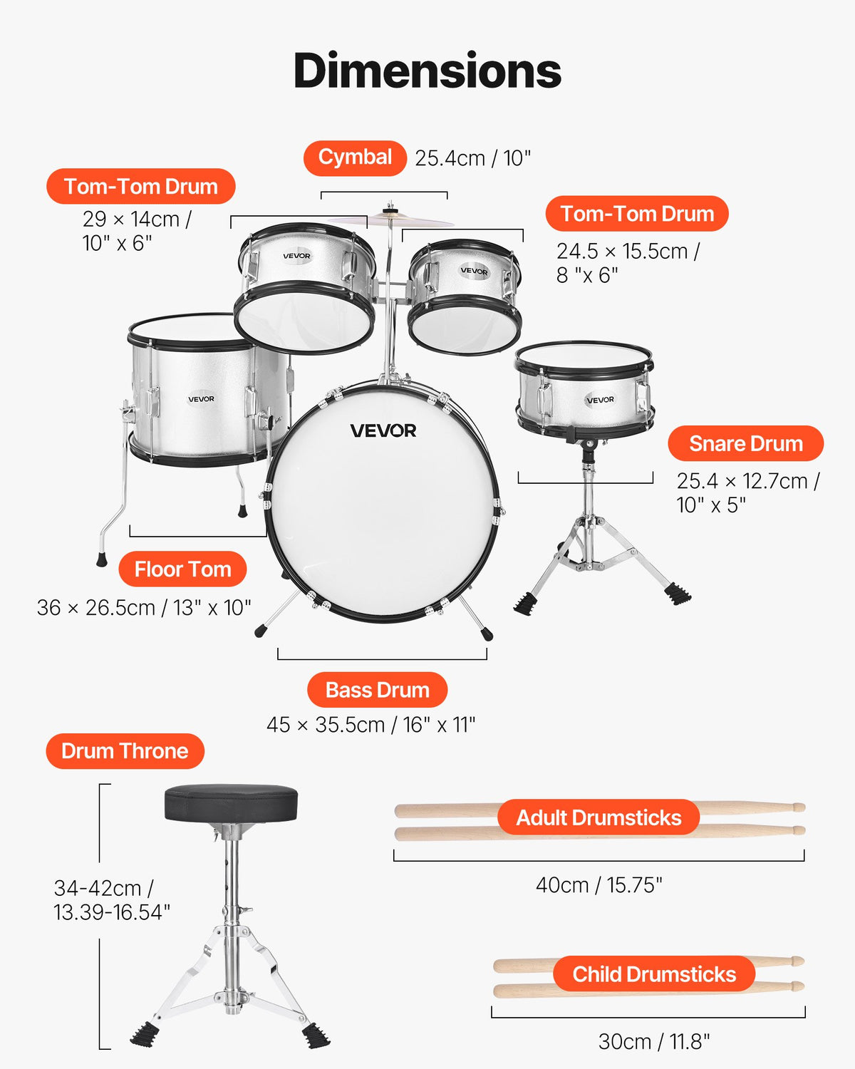 Kids Drum Set, 5-Piece 16 in / 406.4 mm Junior Drum Sets, Beginner