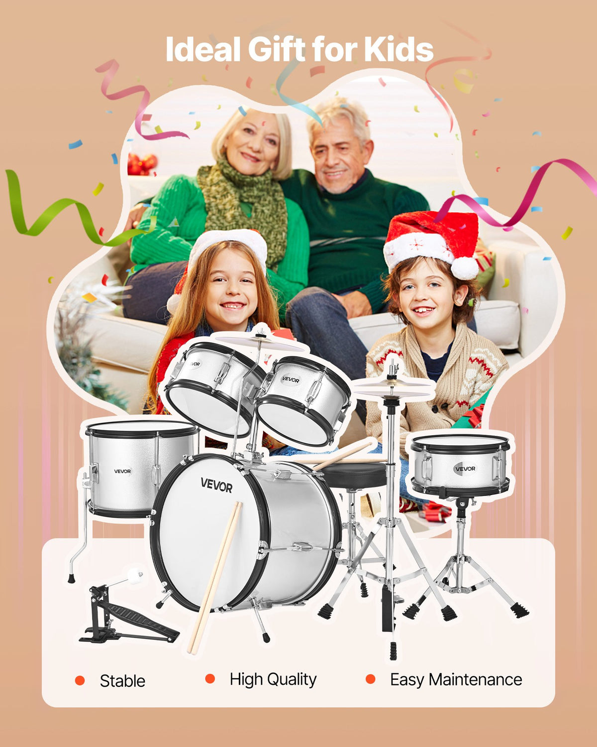 Kids Drum Set, 5-Piece 16 in / 406.4 mm Junior Drum Sets, Beginner
