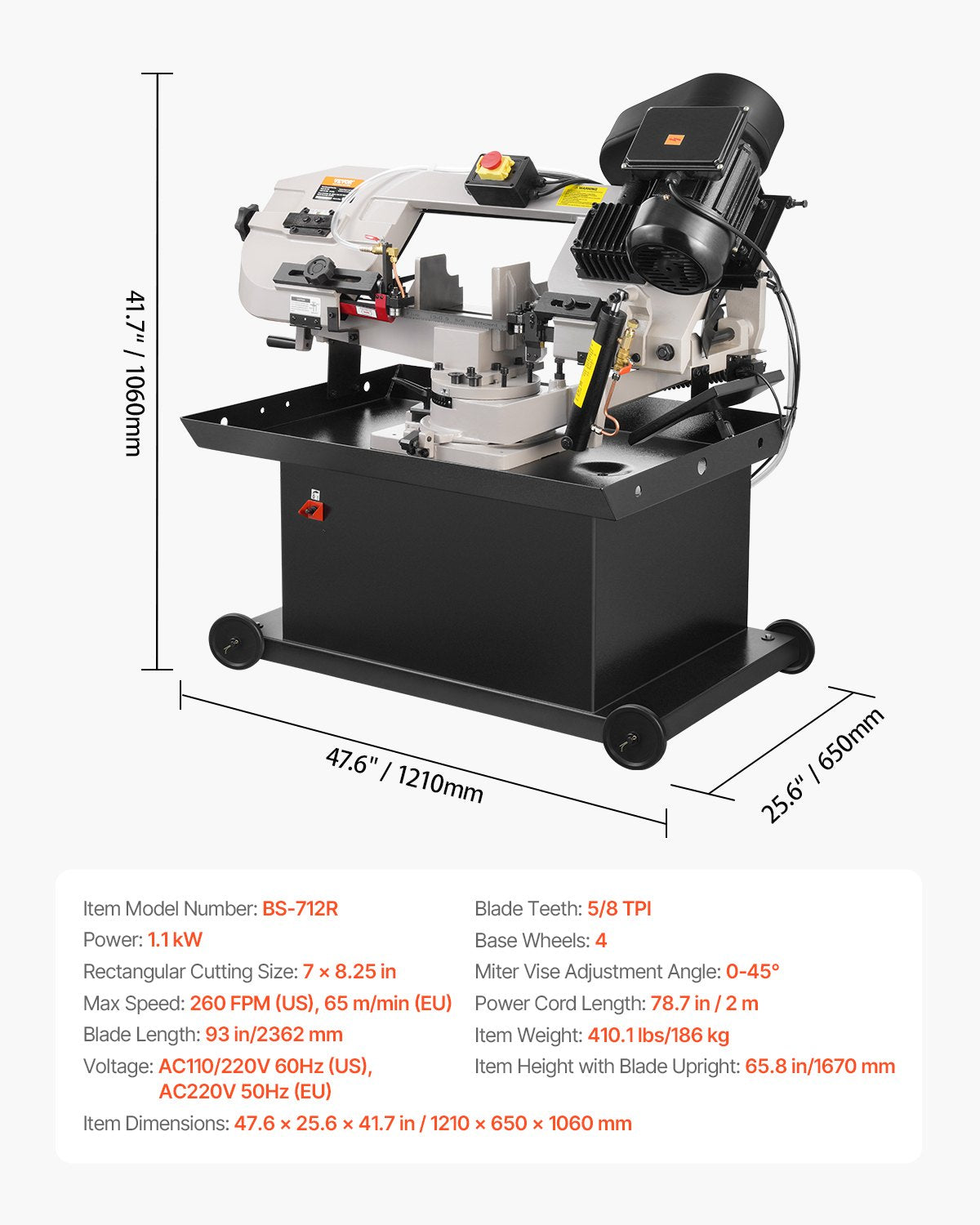 VEVOR Metal Horizontal Band Saw, 178 x 209 mm(7 x 8.25 in) Rectangular