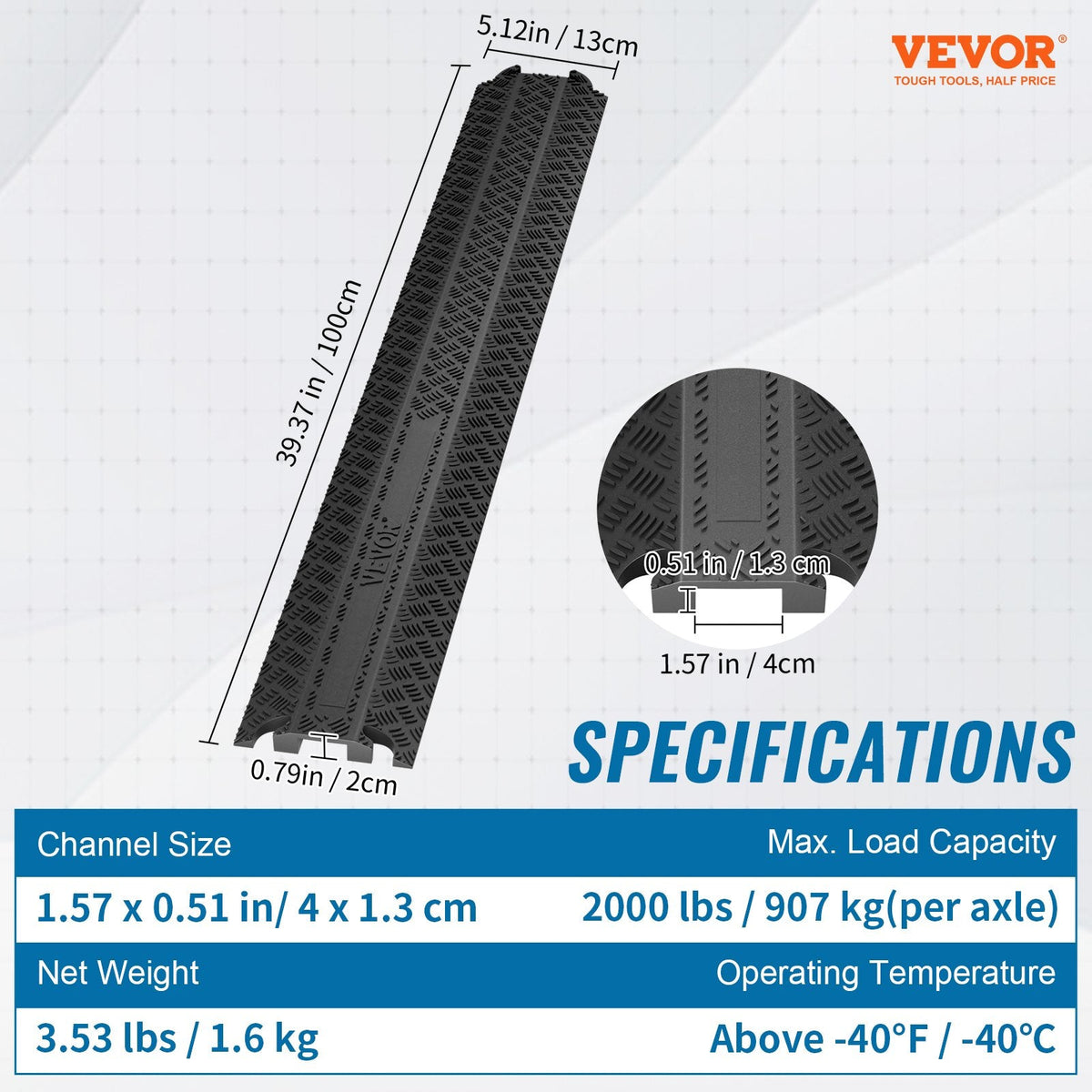 VEVOR Drop Over Cable Cover Ramp 100x13x2 cm, 907.18 kg/axle Load
