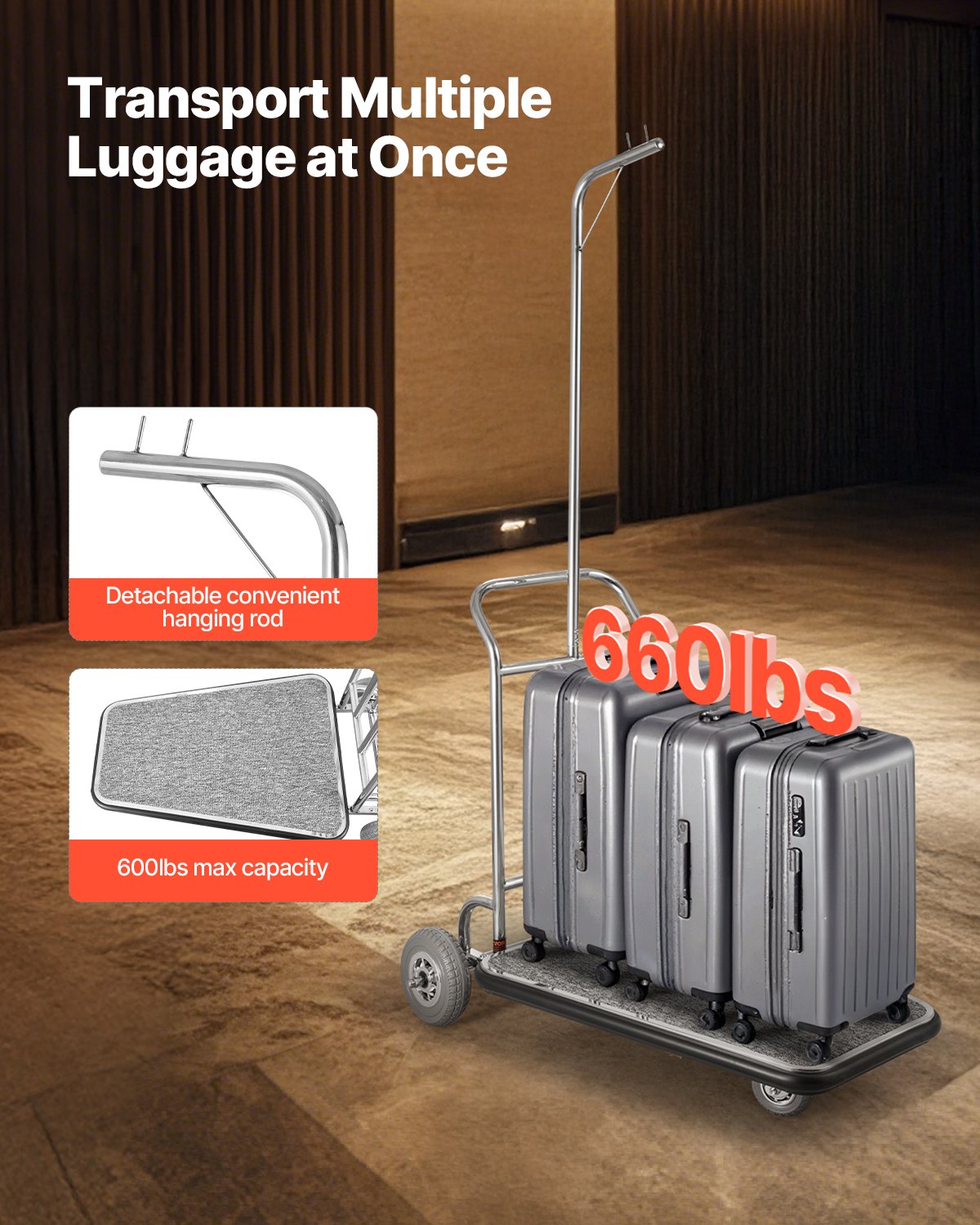 VEVOR Luggage Cart, 600 LBS Load Capacity, 3 Wheel Stainless Steel