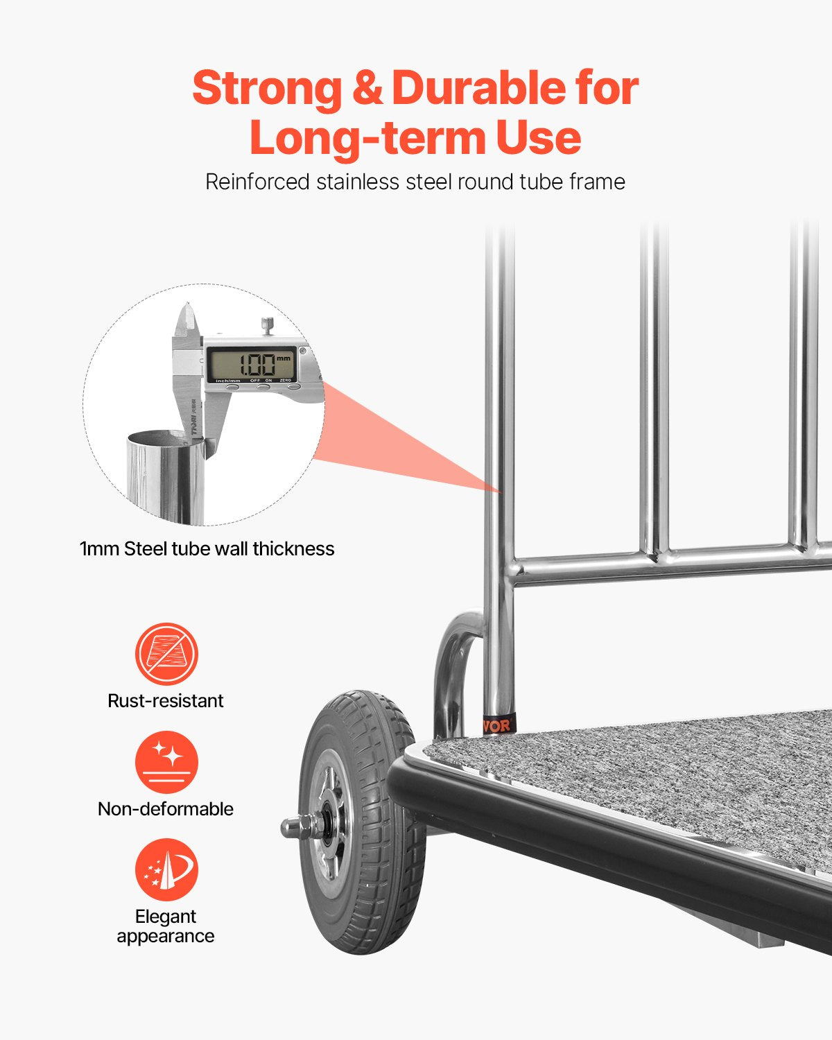 VEVOR Luggage Cart, 600 LBS Load Capacity, 3 Wheel Stainless Steel