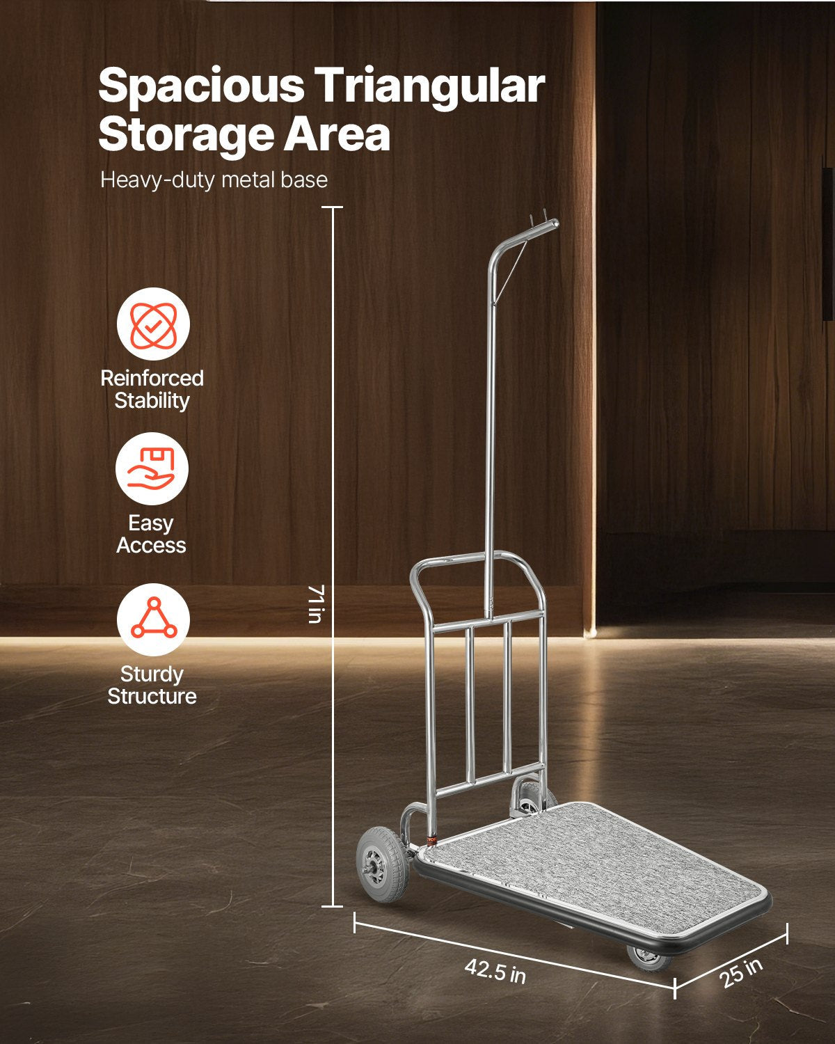 VEVOR Luggage Cart, 600 LBS Load Capacity, 3 Wheel Stainless Steel