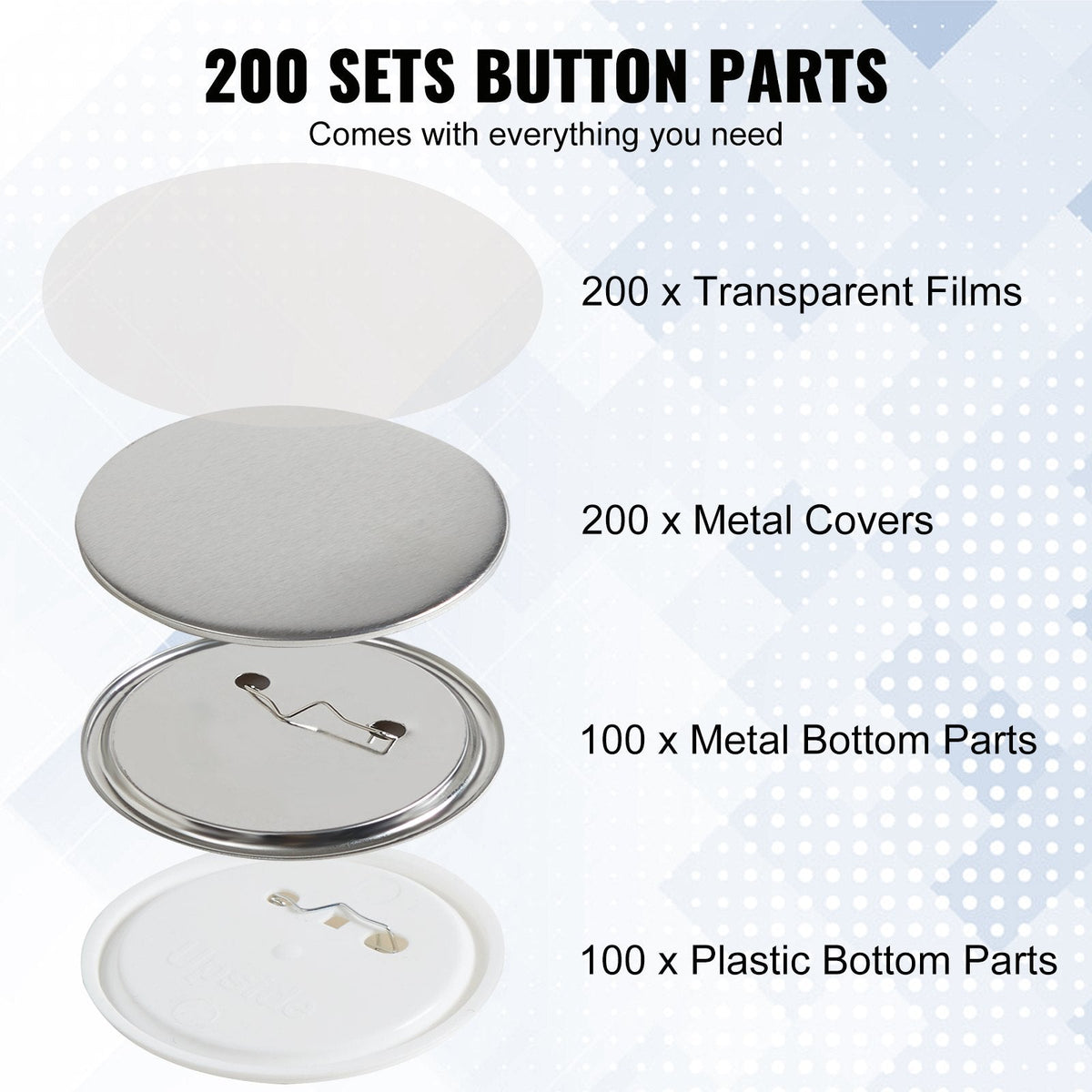 VEVOR 200 Sets 3 inch 75mm Pin Back Button Parts, DIY Round Button