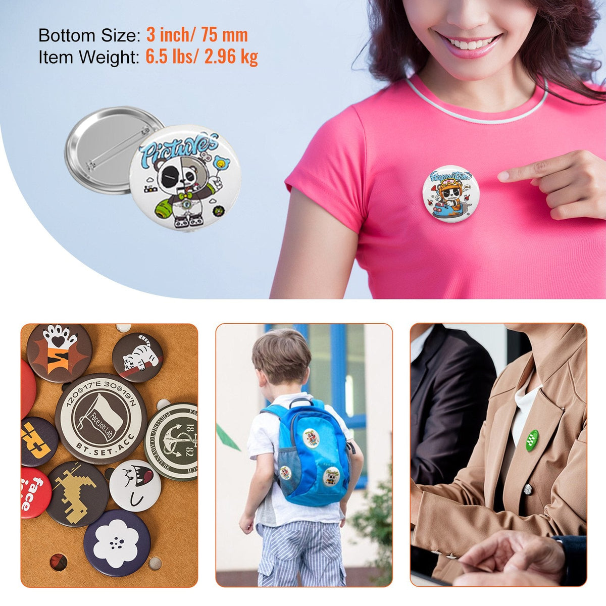 VEVOR 200 Sets 3 inch 75mm Pin Back Button Parts, DIY Round Button