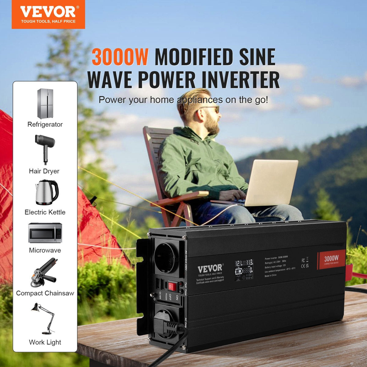 VEVOR Modified Sine Wave Inverter, 3000Watt, DC 12V to AC 230V LCD