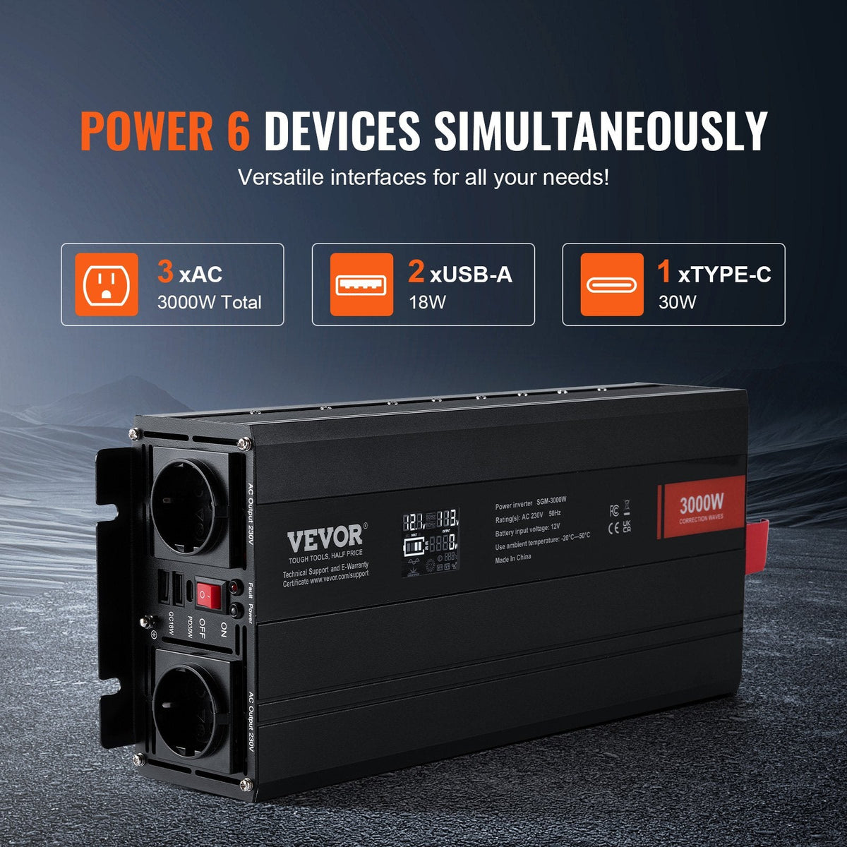 VEVOR Modified Sine Wave Inverter, 3000Watt, DC 12V to AC 230V LCD