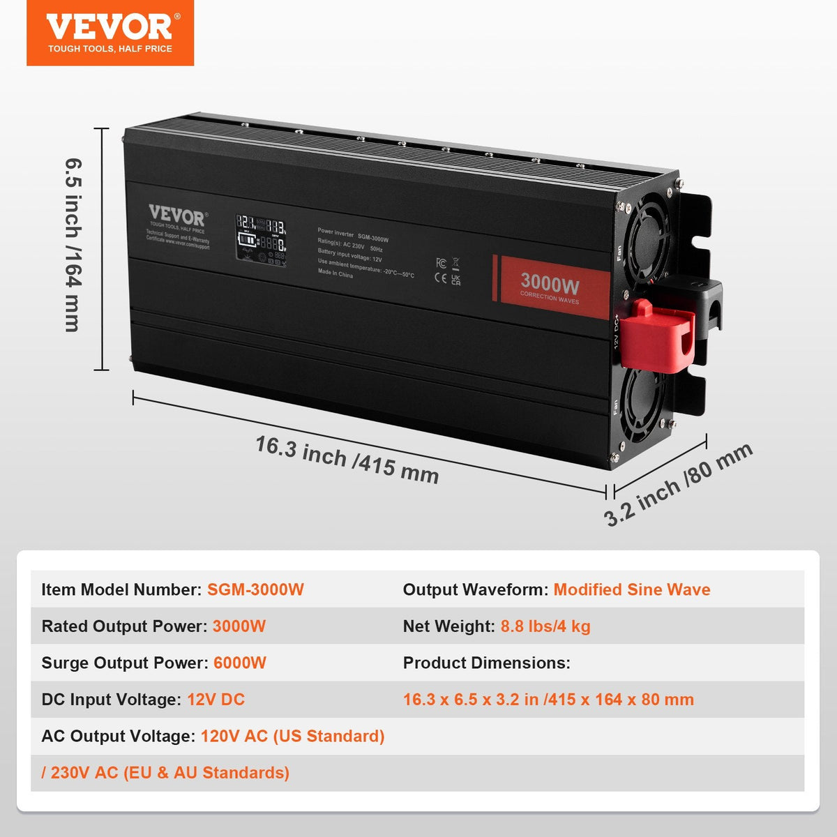 VEVOR Modified Sine Wave Inverter, 3000Watt, DC 12V to AC 230V LCD