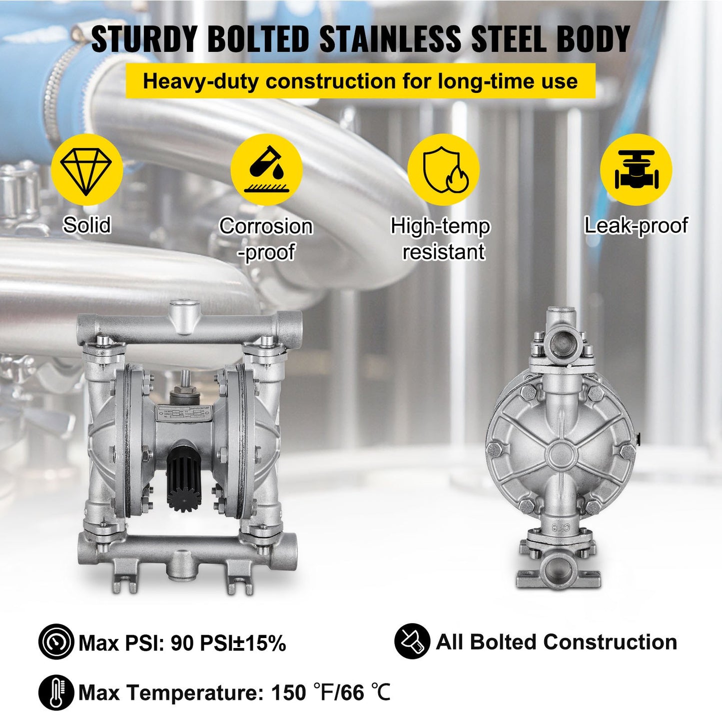 Air-Operated Double Diaphragm Pump, Inlet & Outlet, Stainless Steel