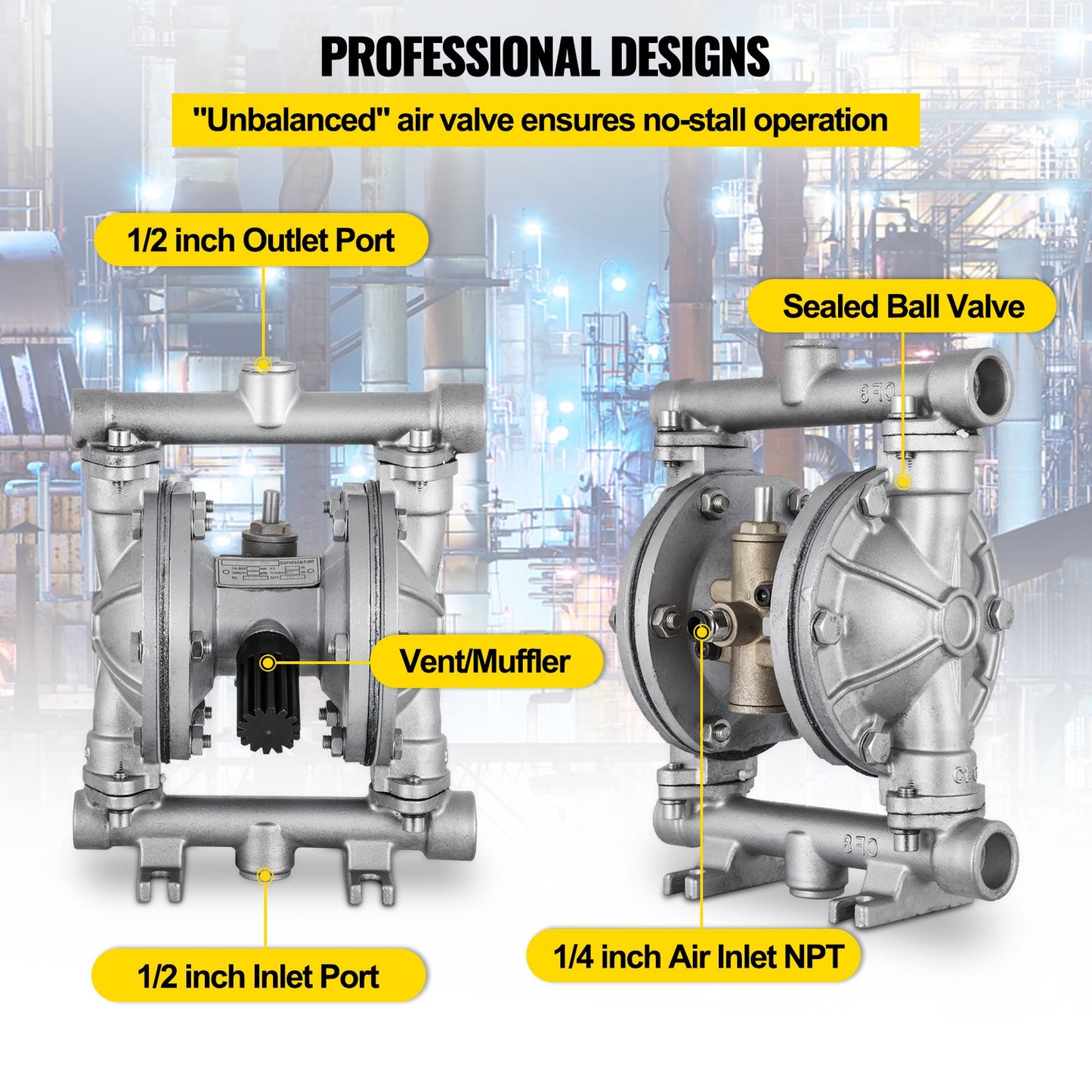 Air-Operated Double Diaphragm Pump, Inlet & Outlet, Stainless Steel