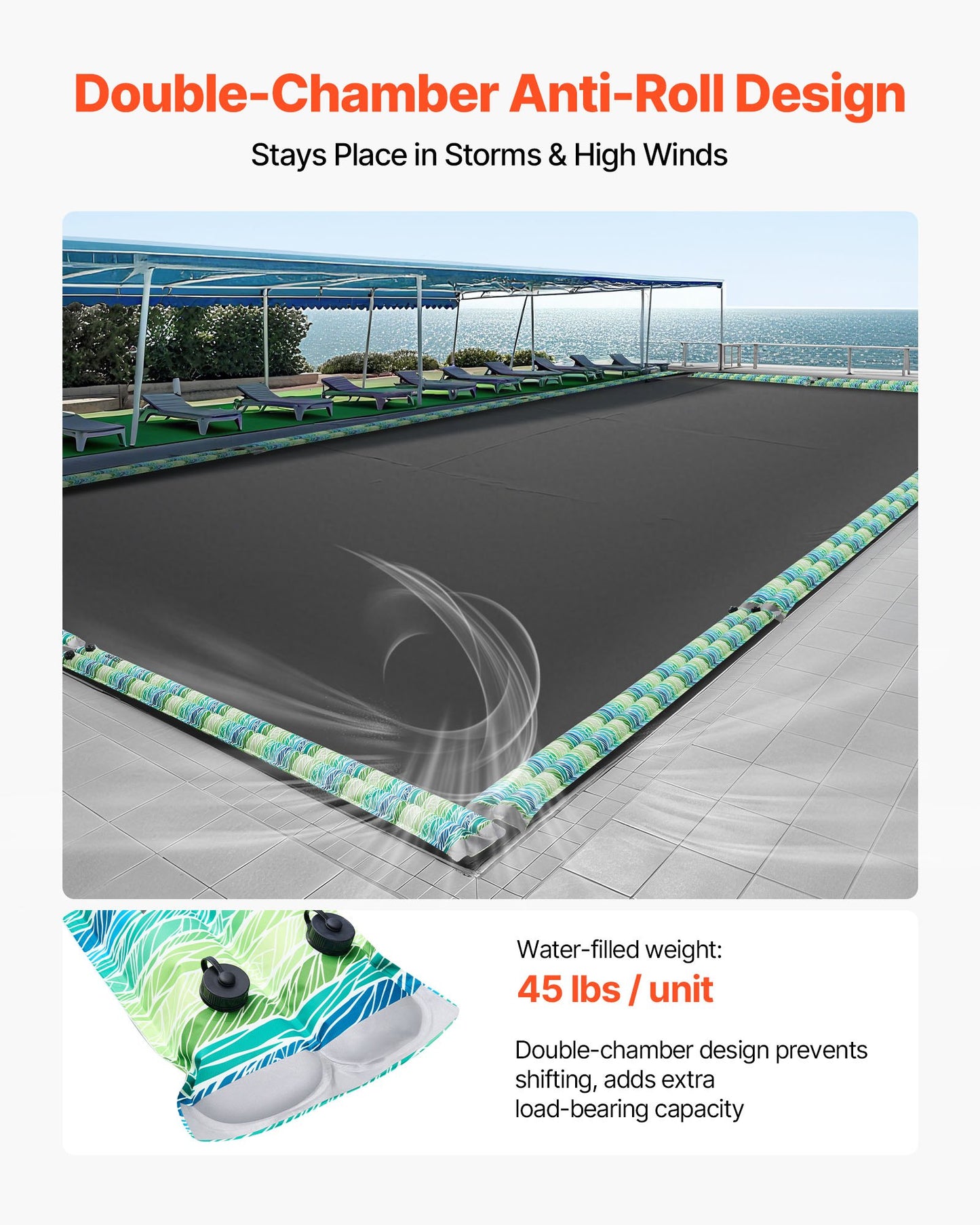 Pool Cover Water Bags, 5 Packs 2400mm, Double Chamber Pool Cover Water