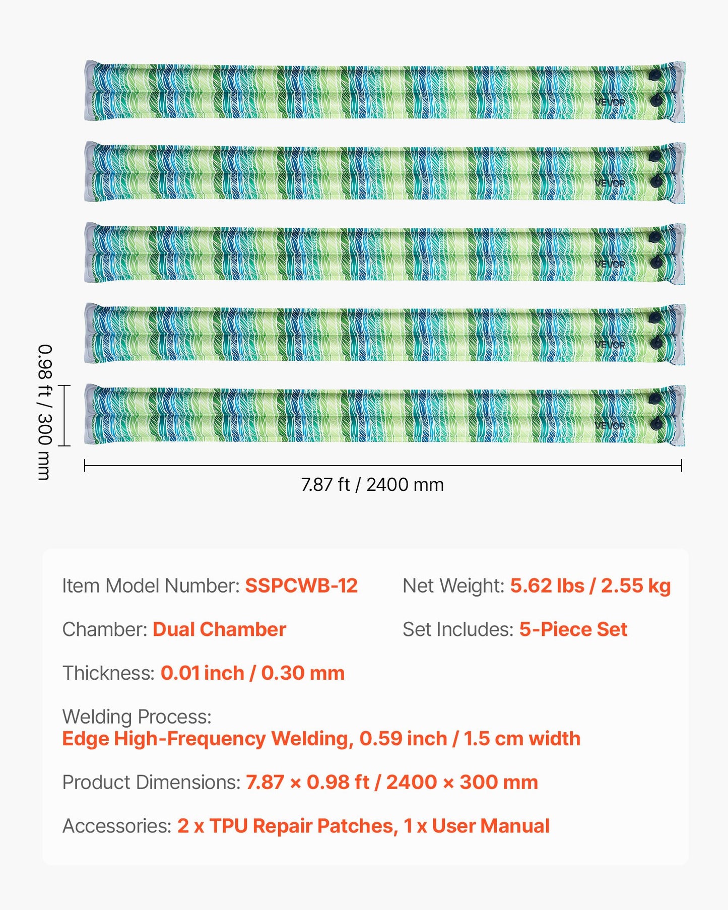 Pool Cover Water Bags, 5 Packs 2400mm, Double Chamber Pool Cover Water