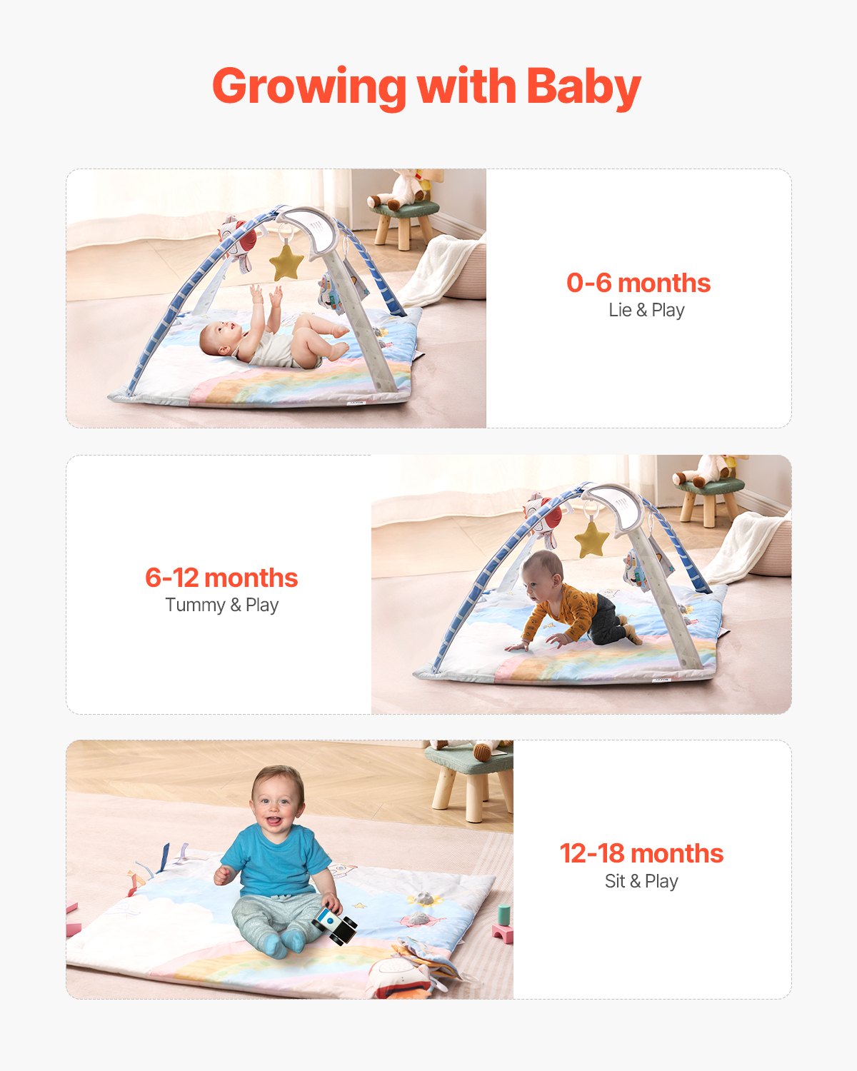 Baby Play Gym Mat, Tummy Time Mat with 6 Sensory Toys, Baby Activity