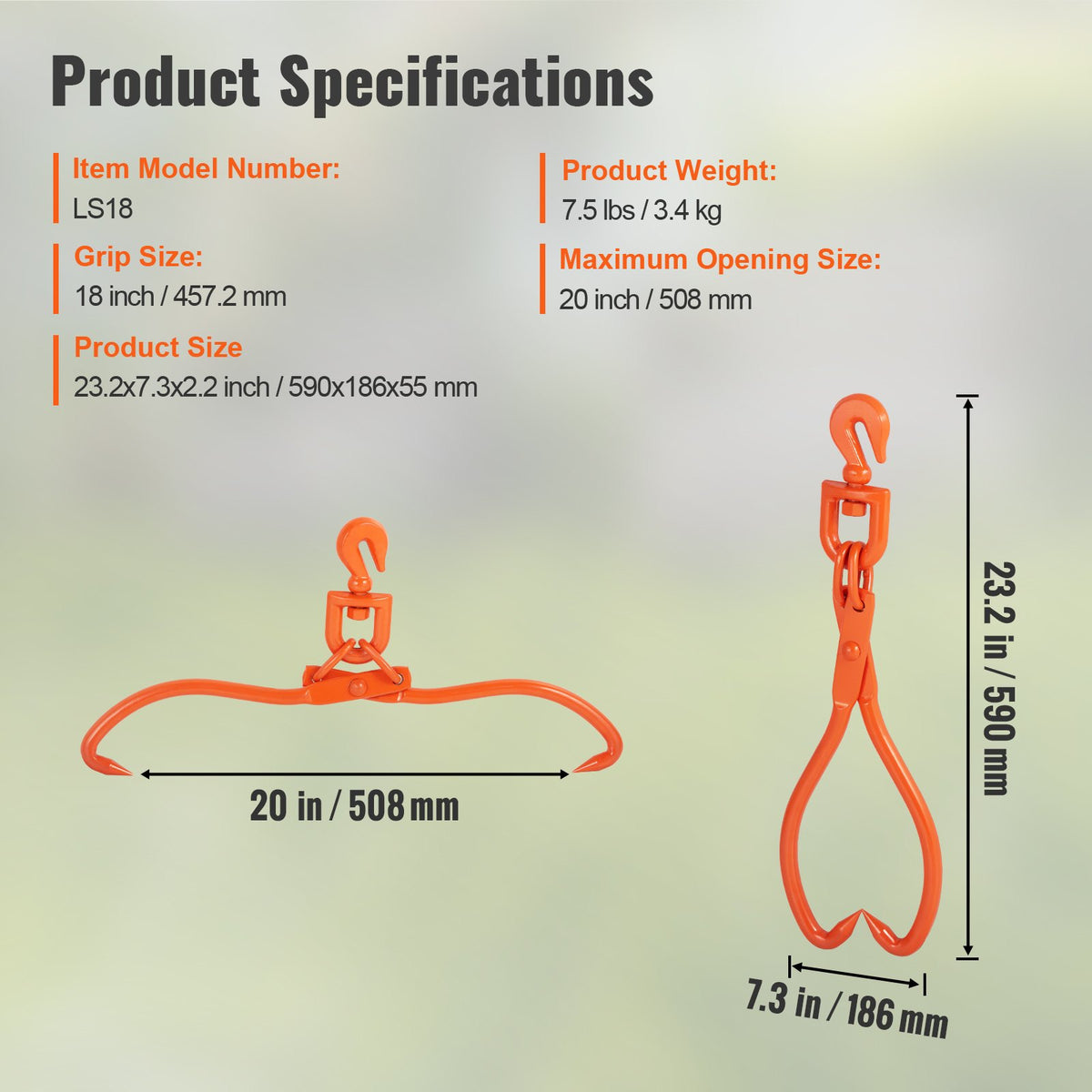 Log Skidding Tongs, 18 inch 2 Claw Log Lifting Tongs, Heavy Duty