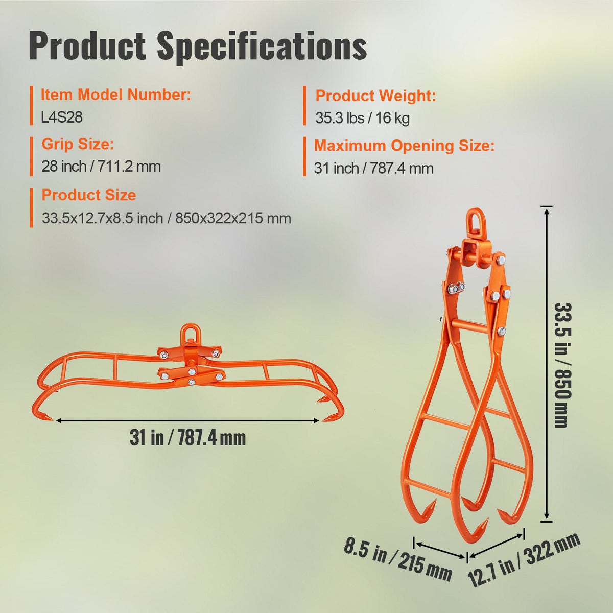 VEVOR Timber Claw Hook, 28 inch 4 Claw Log Grapple for Logging Tongs,