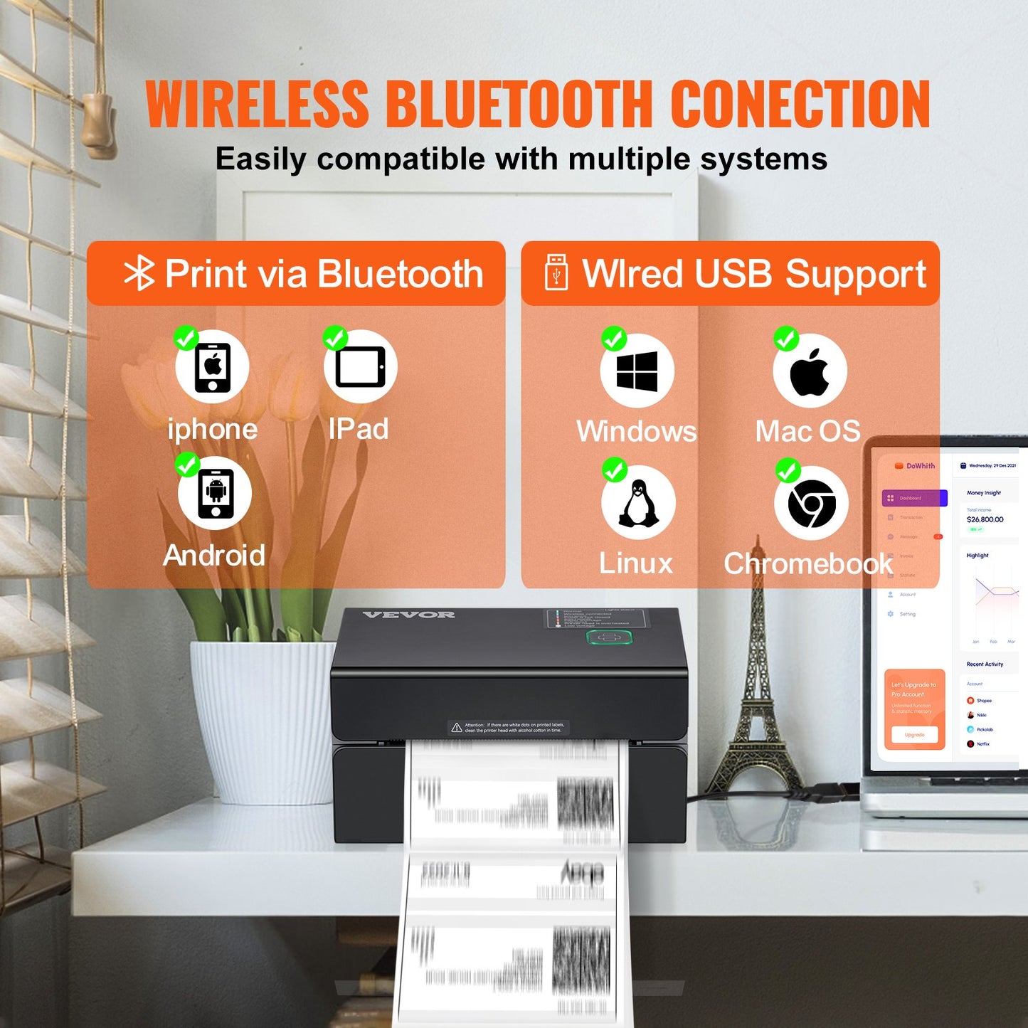 Thermal Label Printer, 300DPI for 4x6 Mailing Packages, Bluetooth &