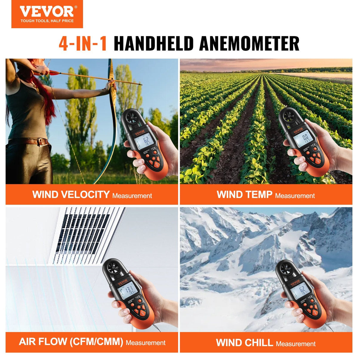 VEVOR Bluetooth Handheld Anemometer, 14℉-140℉, Digital Wind Speed
