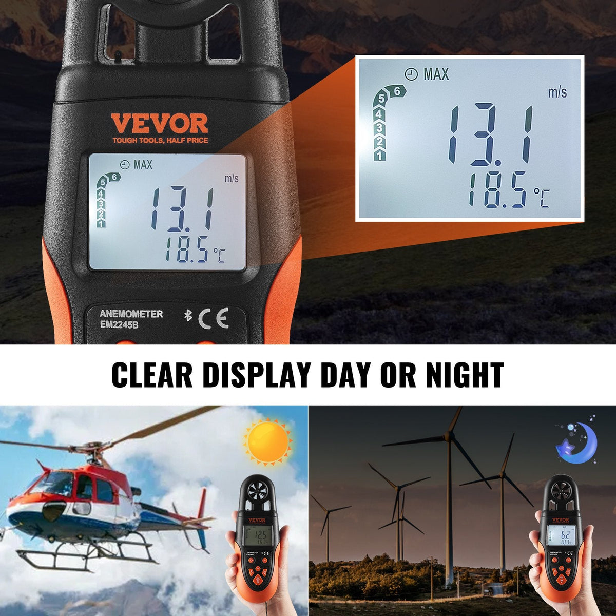 VEVOR Bluetooth Handheld Anemometer, 14℉-140℉, Digital Wind Speed