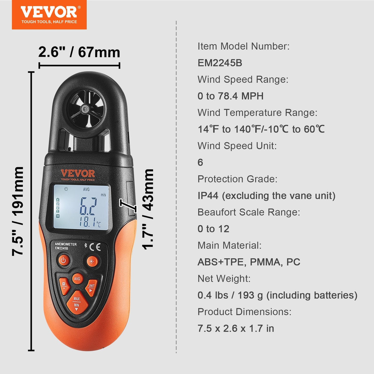 VEVOR Bluetooth Handheld Anemometer, 14℉-140℉, Digital Wind Speed