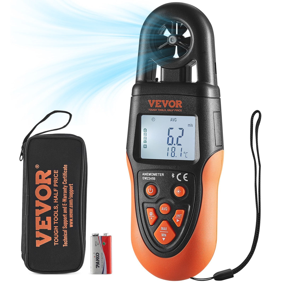 VEVOR Bluetooth Handheld Anemometer, 14℉-140℉, Digital Wind Speed