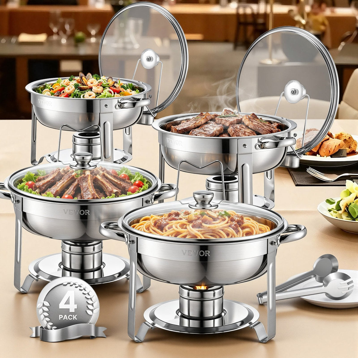 VEVOR Chafing Dish Buffet Set, 5 Qt 4 Pack, Stainless Steel Chafer