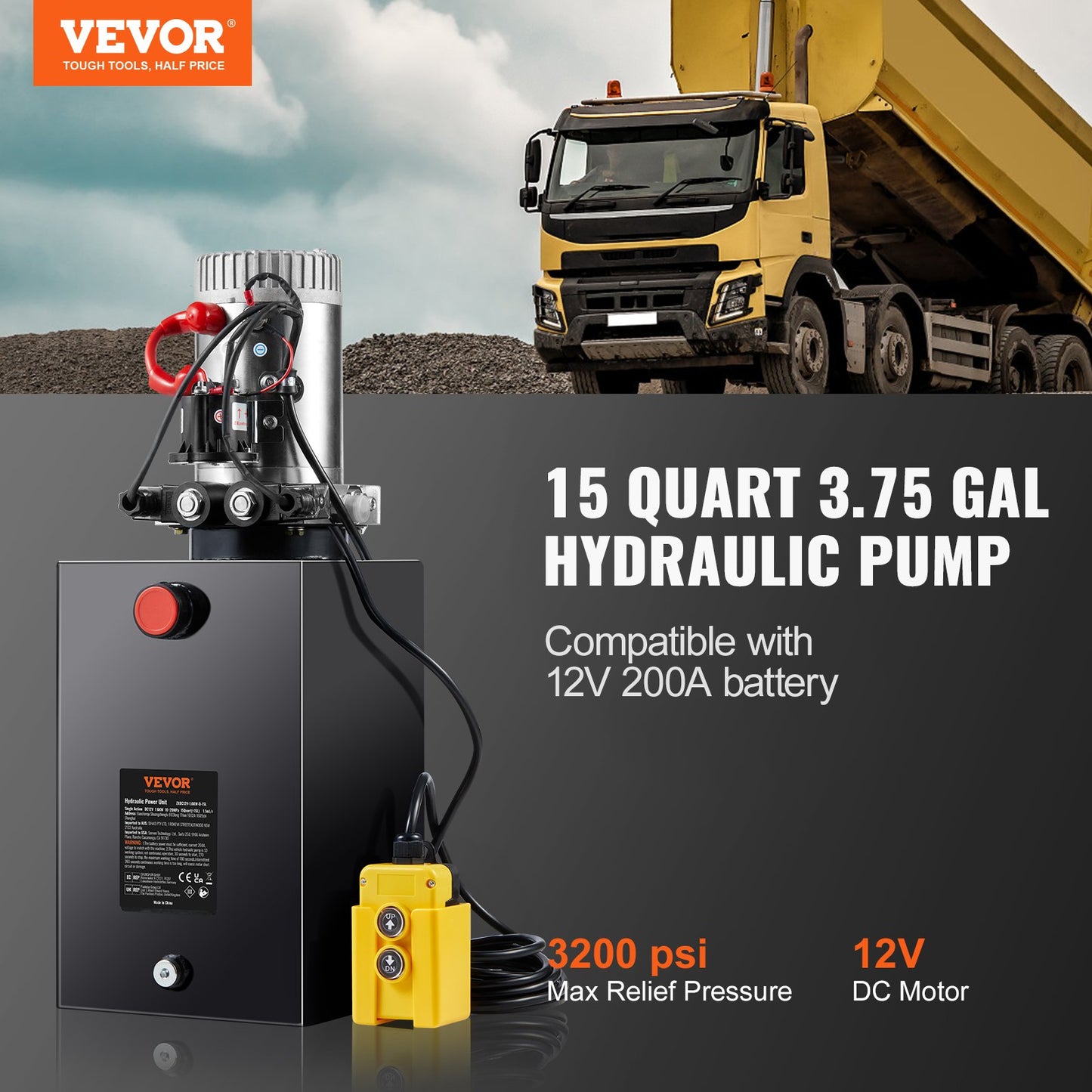 Hydraulic Pump, 15 Quart Hydraulic Power Unit, Double Acting Dump
