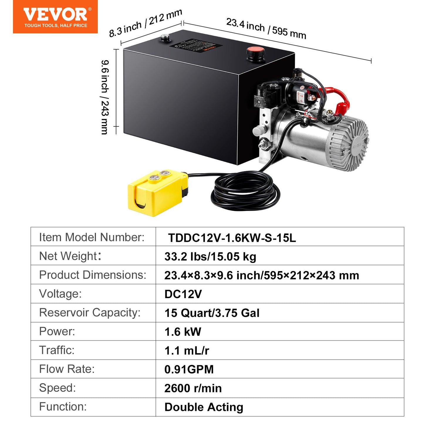 Hydraulic Pump, 15 Quart Hydraulic Power Unit, Double Acting Dump