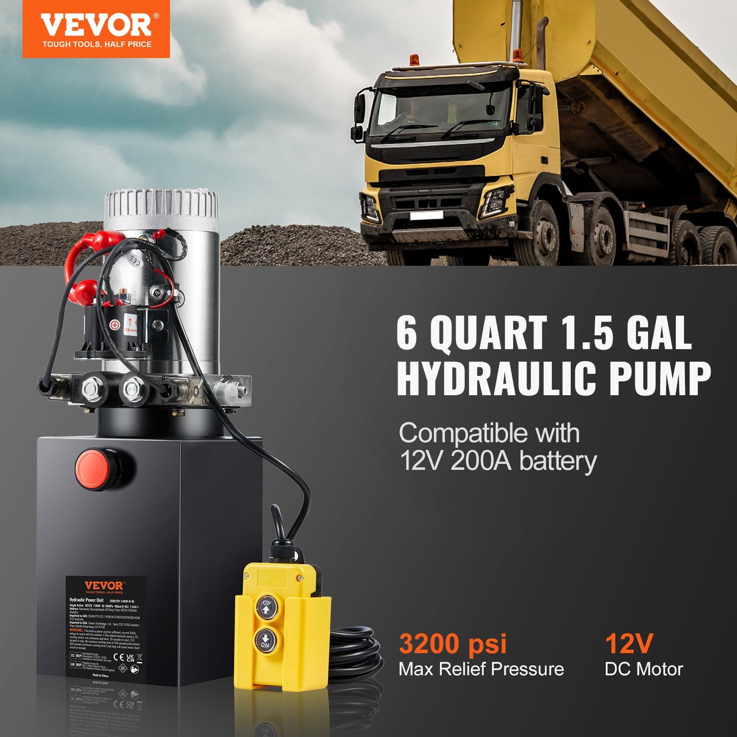 Hydraulic Pump, 6 Quart Hydraulic Power Unit, Double Acting Dump