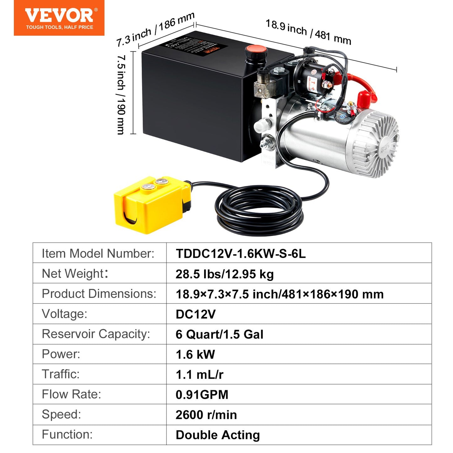 Hydraulic Pump, 6 Quart Hydraulic Power Unit, Double Acting Dump
