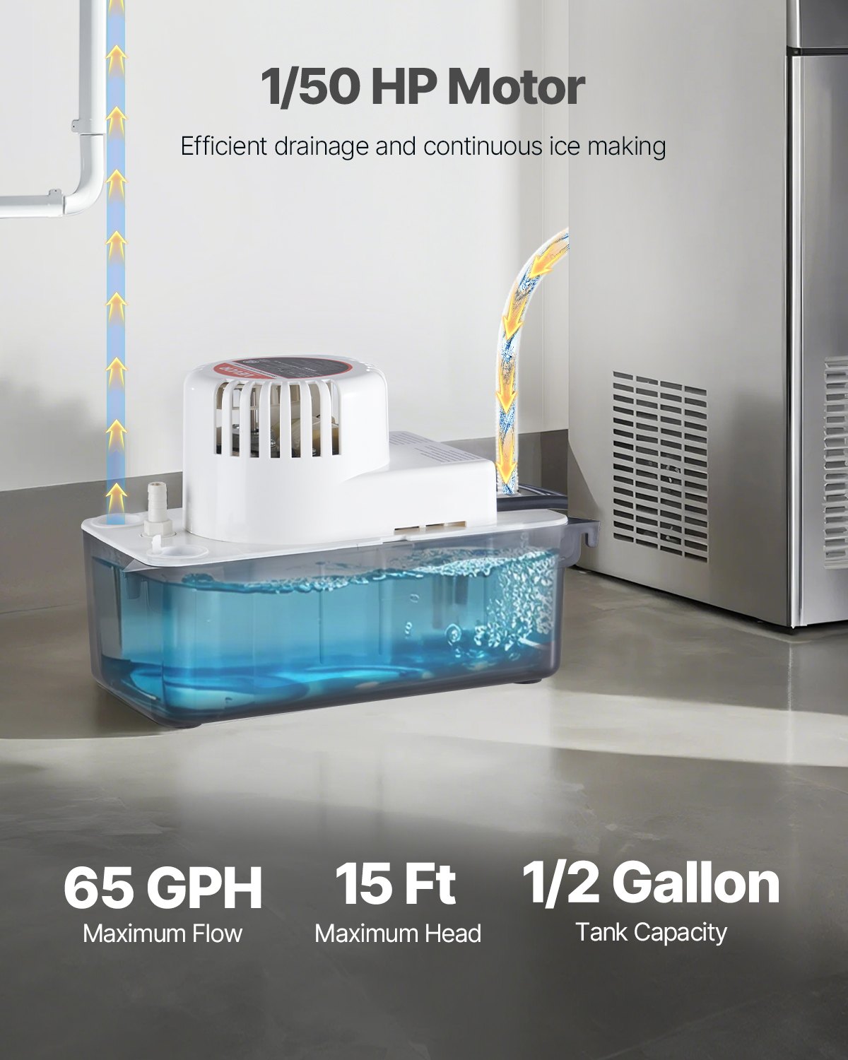 VEVOR Condensate Removal Pump, 1/50 HP, 65 GPH, 15ft/4.57m Lift, 1/2