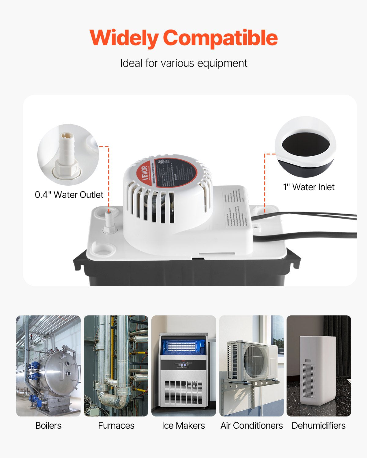 VEVOR Condensate Removal Pump, 1/50 HP, 65 GPH, 15ft/4.57m Lift, 1/2