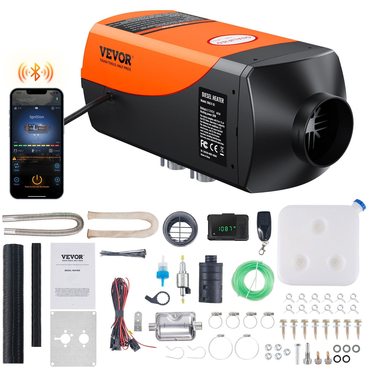 VEVOR Bluetooth App Control Diesel Air Heater, 12V 2KW Diesel Heater