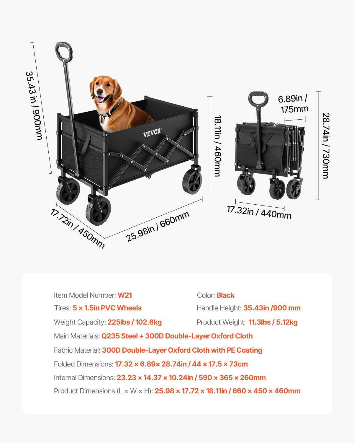 Collapsible Wagon Carts, 120L & 225LBS Folding Wagons with All-Terrain