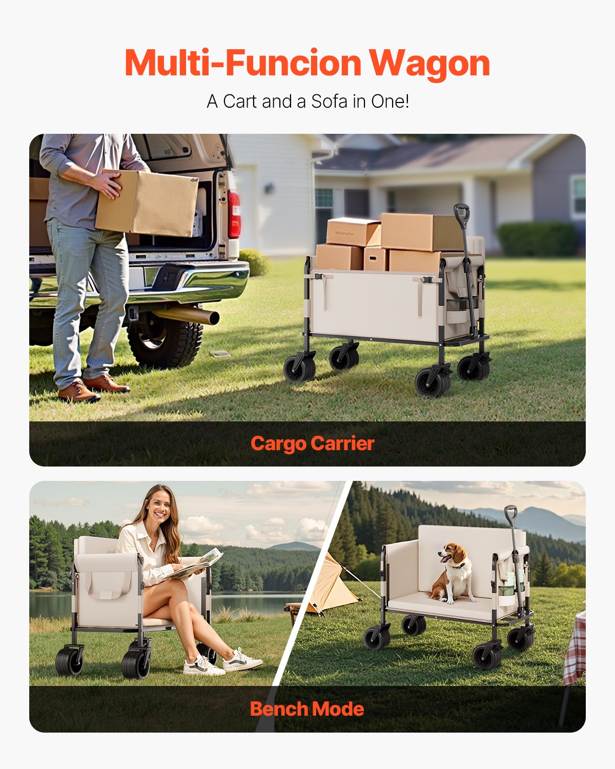 Collapsible Folding Wagon, 550lb Load & 220L, 2 in 1 Foldable Wagon