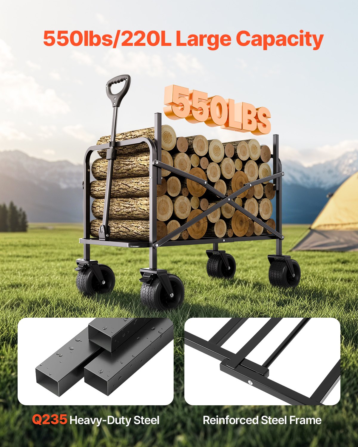 Collapsible Folding Wagon, 550lb Load & 220L, 2 in 1 Foldable Wagon