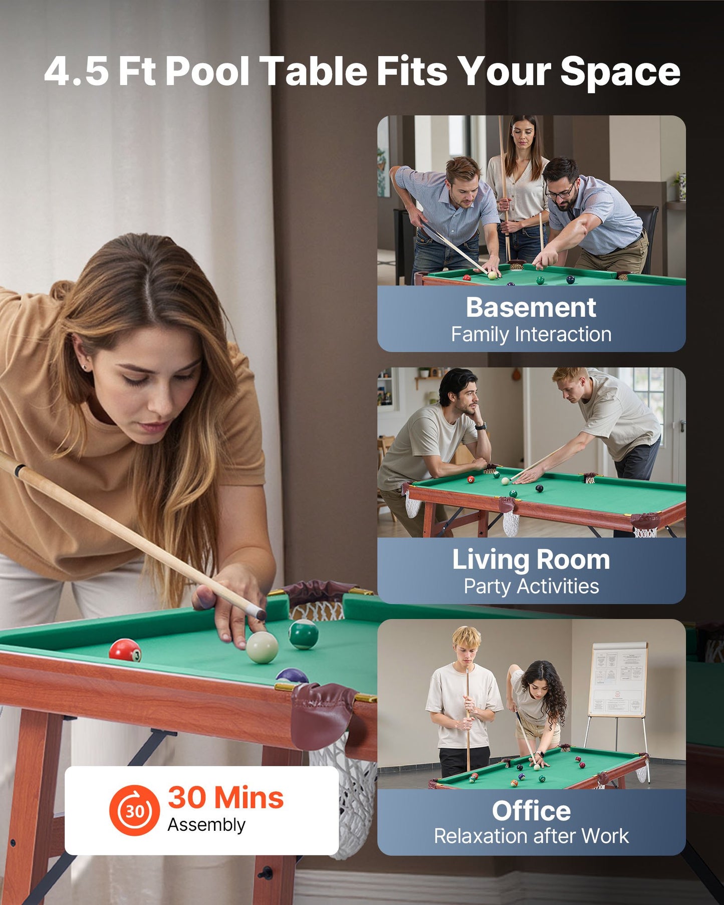 Folding Pool Table, 140cm Portable Billiards Tables, Foldable