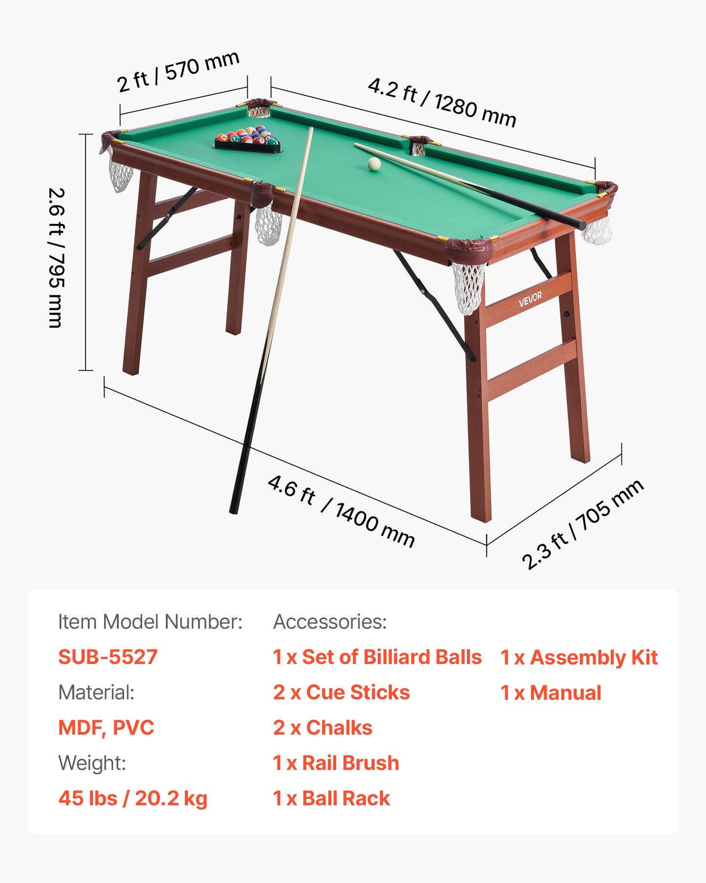 Folding Pool Table, 140cm Portable Billiards Tables, Foldable