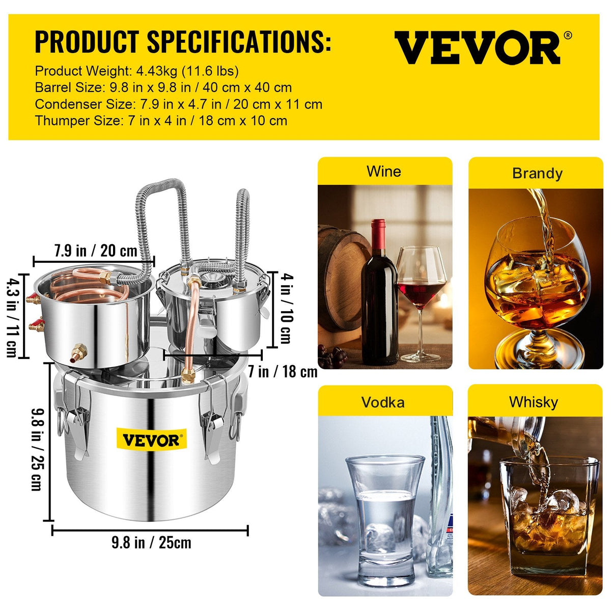 VEVOR Still Distiller 3Gal 12L Stainless Steel Water Distiller Copper