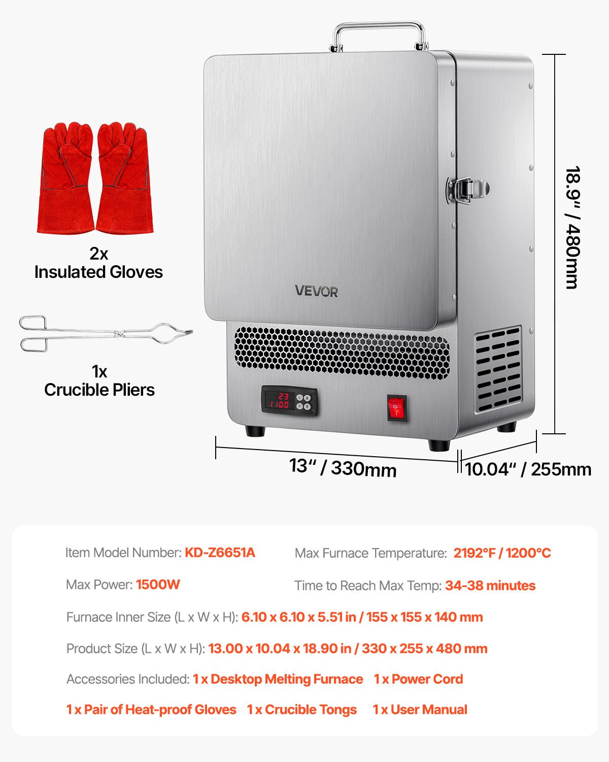 Tabletop Kiln Melter, 1500W Powerful Electric Kiln, 2192℉ / 1200℃ Max