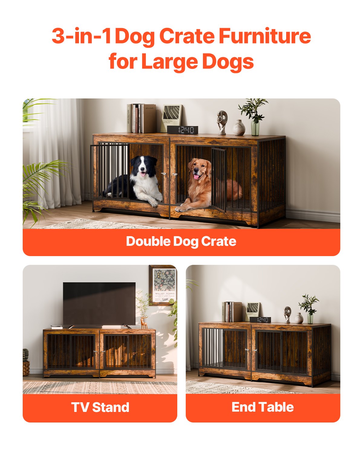 75in Dog Crate Furniture for 2 Dogs, Extra Large Double Dog Crate