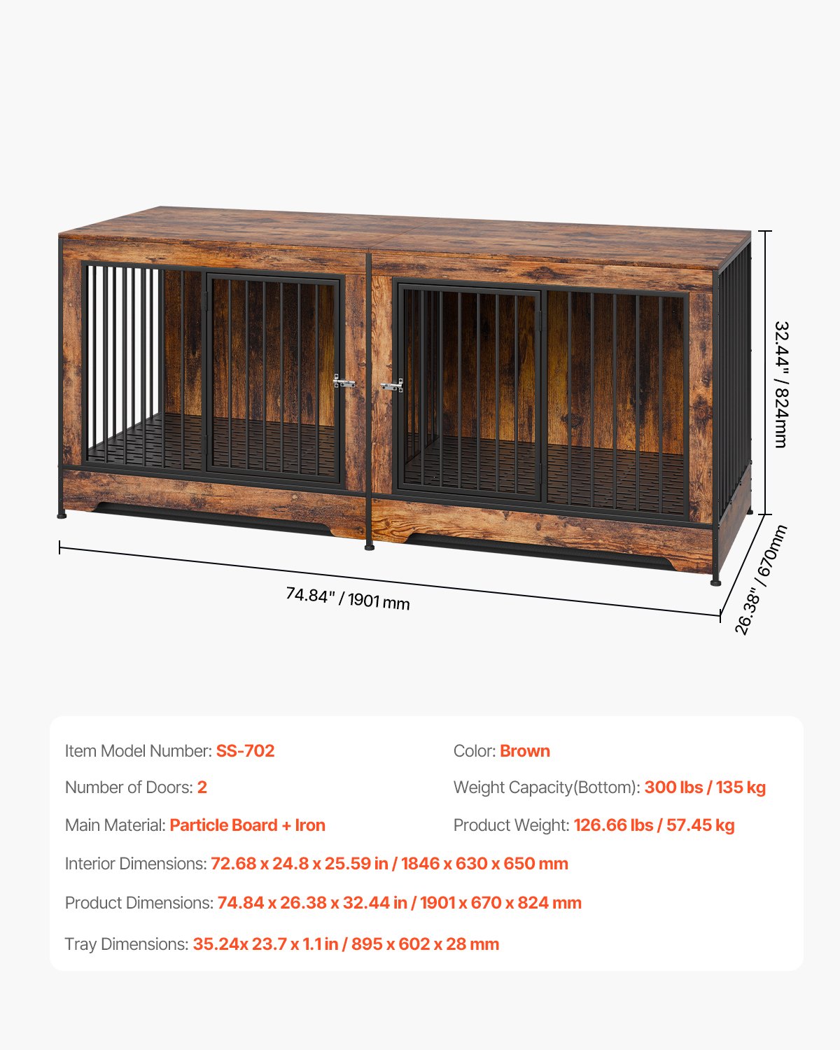 75in Dog Crate Furniture for 2 Dogs, Extra Large Double Dog Crate