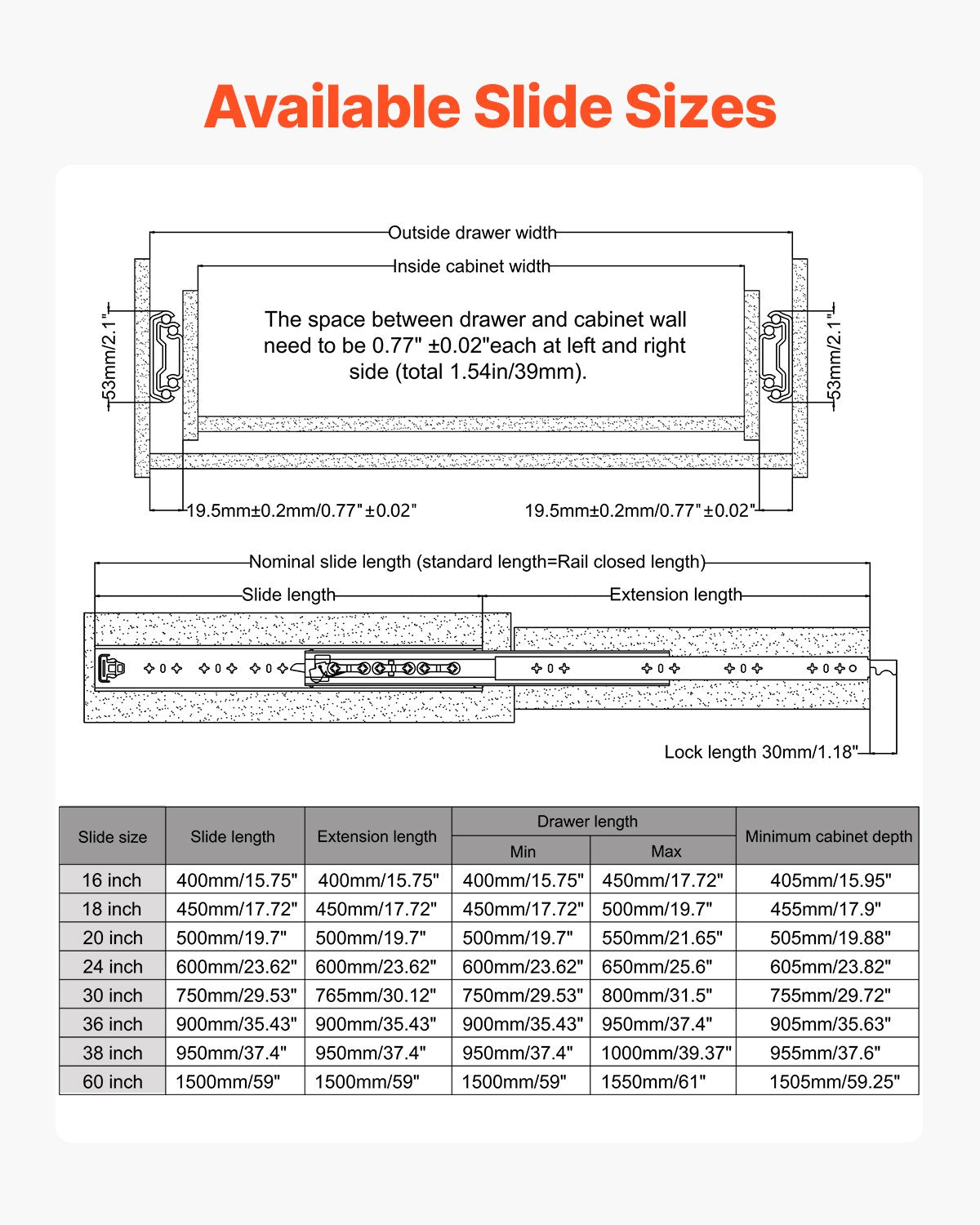 VEVOR 1 Pair Full Extension Drawer Slides 16 18 20 24 30 35 37.4 59 24