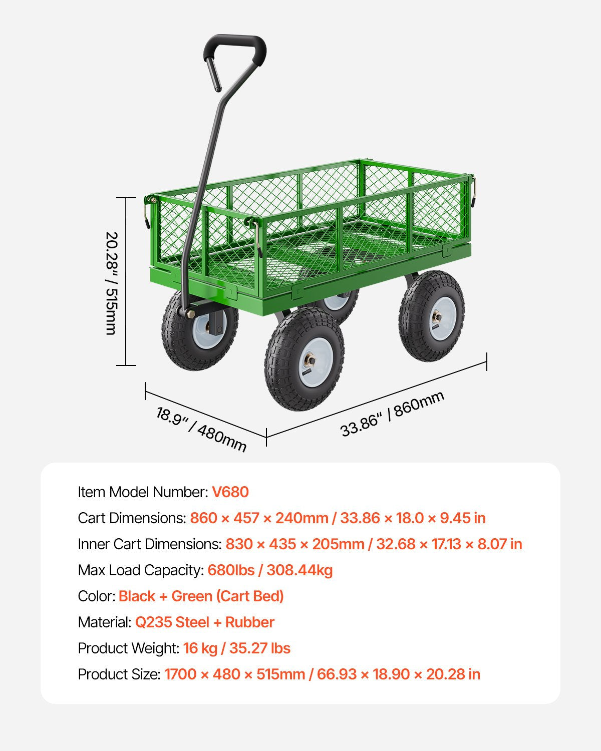 VEVOR 680 Lbs Steel Garden Cart on Wheels, Heavy Duty Garden Wagon